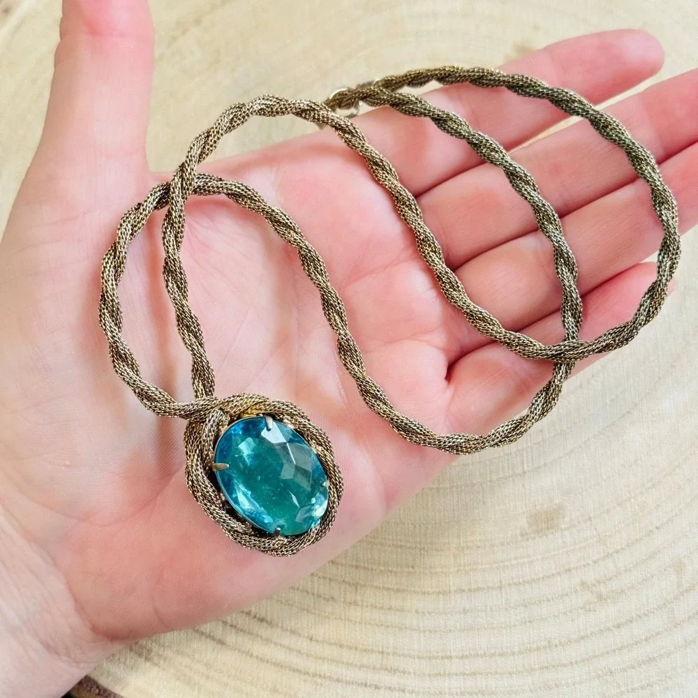 VTG Victorian style Regal necklace Aqua Blue glass Statement Mesh Braided 60s